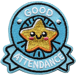 A smiling star inside a blue ribbon with the word Attendance on the bottom.
