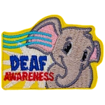 The words Deaf Awareness are next to an Elephant with sound waves heading to its ear.