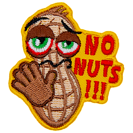 A peanut holds out its hand in a stop gesture. The text on the right side of the patch reads, No Nuts!!!