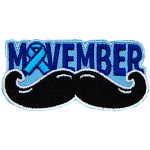 The word Movemeber is above a curled mustache. A blue ribbon replaces the O.
