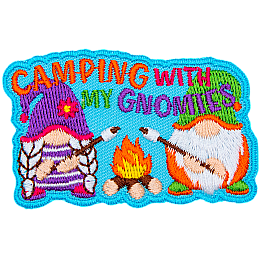 Two gnomes are out camping and roasting marshmallows over a roaring campfire.