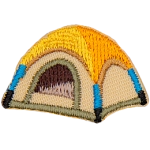 A round cream-coloured tent with an orange tarp.