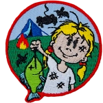 A young kid holds a fish on a line, surrounded by insects and a little campsite.