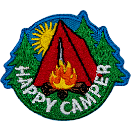 A red tent in front of a campfire with the words Happy Camper.