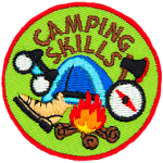 A variety of camping skills are displayed, such as campfire building, axe skills, and navigation.