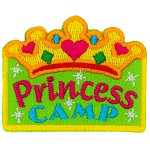 A gold tiara is above the words Princess Camp.