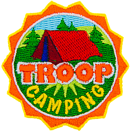 This round crest displays the text Troop Camping with a tent set up in a grassy field.