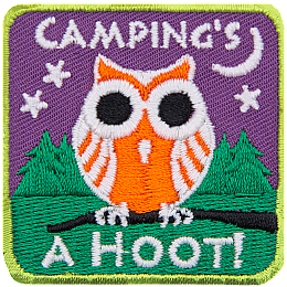 An orange and white owl sits on a branch in front of a forested hill. The words Camping's A Hoot are above and below.