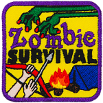 A Zombie's arms reach towards a camper. Between them is the text Zombie Survival.