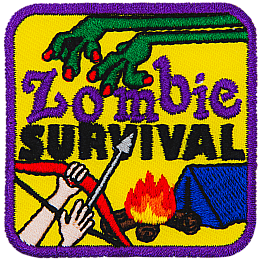 A Zombie's arms reach towards a camper. Between them is the text Zombie Survival.