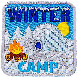 An igloo sits next to a campfire in a field of snow, symbolizing a winter camp.