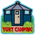 A yurt nestled between foliage with the words Yurt Camping below it.