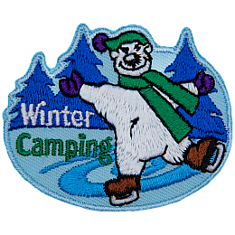 A polar bear skates on a tree-lined pond next to the text Winter Camping.