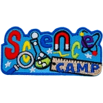 The word Science is embroidered across this patch. The N is replaced with a magnet, the I is a beaker, and the E is an atom. Camp is stitched on a ruler at the bottom.