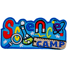 The word Science is embroidered across this patch. The N is replaced with a magnet, the I is a beaker, and the E is an atom. Camp is stitched on a ruler at the bottom.