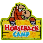 A smiling cartoon horse is above a sign that reads Horseback Camp.