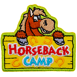 A smiling cartoon horse is above a sign that reads Horseback Camp.