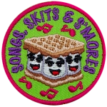 Three marshmallows between two graham crackers have tiny, singing faces. The words Songs, Skits & S'Mores are in an arc around the top.