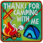 The words Thanks For Camping With Me are above a blue tent and a campfire.