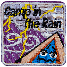 A tent with a scared expression on it watches a lightning storm. The words Camp In The Rain are above it.