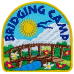 A wooden bridge connects two sides of a grassy field dotted with flowers. A blue stream runs peacefully under the bridge as birds soar in the sunny sky overhead.