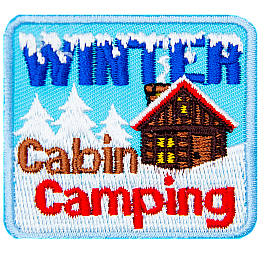 The words Winter Cabin Camping surround a red-roofed cabin in a snowy landscape.