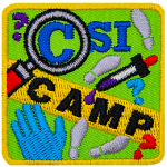 The words CSI Camp are within a magnifying glass and yellow tape. A glove and dropper are examining footprints.