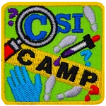 The words CSI Camp are within a magnifying glass and yellow tape. A glove and dropper are examining footprints.