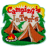 The words Camping Is In Tents are above three brown tents.