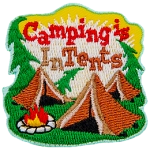 The words Camping Is In Tents are above three brown tents.