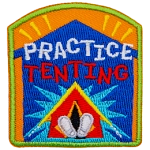 A red tent is set up inside a blue house on an orange background. Two feet are sticking out of the tent's opening.