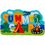 The words Summer Camp are spelt using a tent as the A and with a sun framing the M.