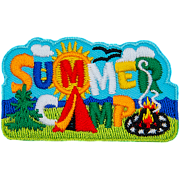 The words Summer Camp are spelt using a tent as the A and with a sun framing the M.