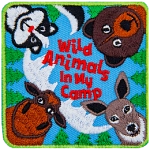 The words Wild Animals In My Camp are surrounded by a moose, deer, bear and skunk looking down at the viewer as if they are on the ground.