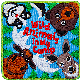 The words Wild Animals In My Camp are surrounded by a moose, deer, bear and skunk looking down at the viewer as if they are on the ground.