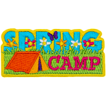 The words Spring Camp are across a grassy field. A red tent sits next to the word Camp. 