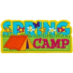The words Spring Camp are across a grassy field. A red tent sits next to the word Camp. 