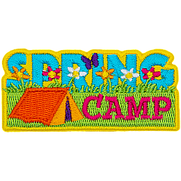 The words Spring Camp are across a grassy field. A red tent sits next to the word Camp.