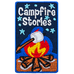 A willow stick holds a marshmallow over a roaring campfire. The background is the dark blue of the night sky speckled with stars.