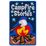 A willow stick holds a marshmallow over a roaring campfire. The background is the dark blue of the night sky speckled with stars.