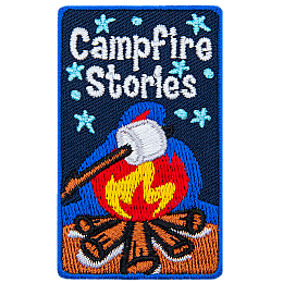 A willow stick holds a marshmallow over a roaring campfire. The background is the dark blue of the night sky speckled with stars.