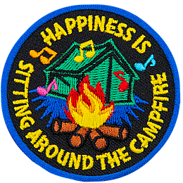 The words Happiness Is Sitting Around The Campfire in a circle around a camping tent and campfire.