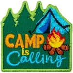 A blue tent is above the words Camp Is Calling.