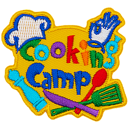 The words Cooking Camp are surrounded by cooking utensils and a chef's hat.