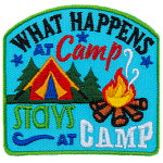 The words What Happens At Camp Stays At Camp are around a red tent and campfire.