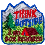 A red tent and pine tree in front of a mountain. The words Think Outside No Box Required are around it.