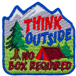 A red tent and pine tree in front of a mountain. The words Think Outside No Box Required are around it.