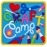 The words Craft Camp are stitched in the center of a patch. The R is replaced by a needle and thread. Various craft items decorate the background.