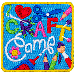 The words Craft Camp are stitched in the center of a patch. The R is replaced by a needle and thread. Various craft items decorate the background.