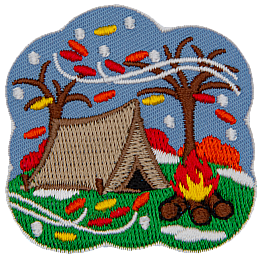 A single tent sitting next to a campfire is framed by two bare trees. Snow and leaves are blown across the patch.